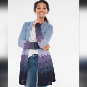Chicos‎ Ombre Chevron Knit Open Front Cardigan Blue Purple Navy Size 1